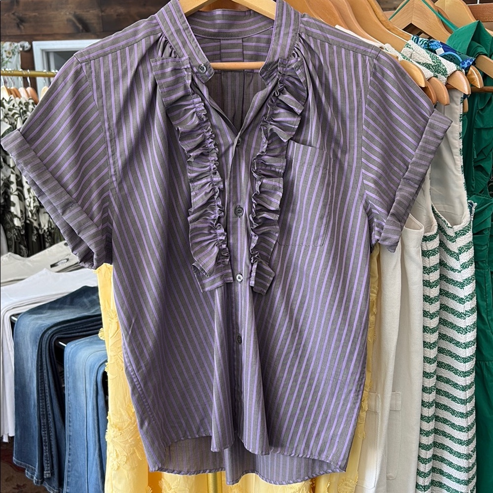 Purple Striped Ruffle Blouse